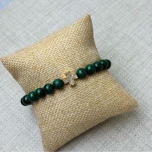 Malachite Beaded Bracelet with Gold Plated 925 Diamond Pave Cross